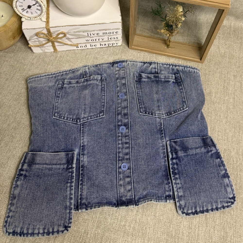PrettyLittleThing Tall Denim Corset Top NWT US 8 Vintage Wash Zip Front